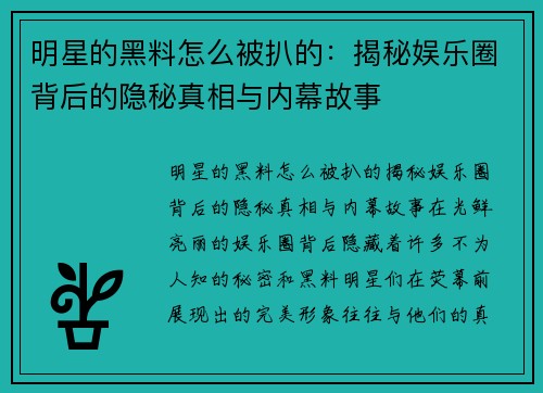 明星的黑料怎么被扒的:揭秘娱乐圈背后的隐秘真相与内幕故事